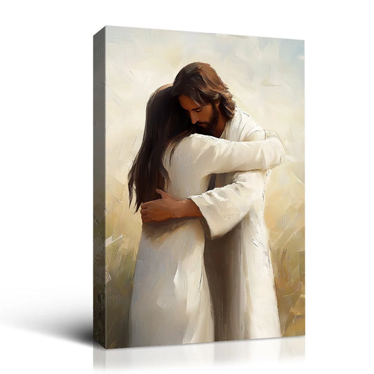 Religious Canvas: Jesus Embrace Inspirational Print Canvas Wall Art Perfect for Home Decor 1.5inch Thickness